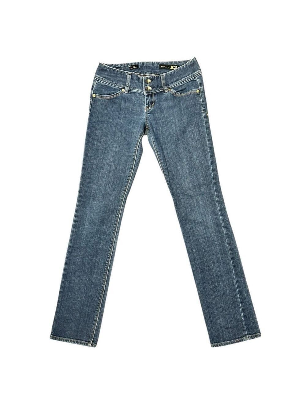 X2 Stella Skinny Denim Jeans Four Pocket Leopard Patch Medium Blue